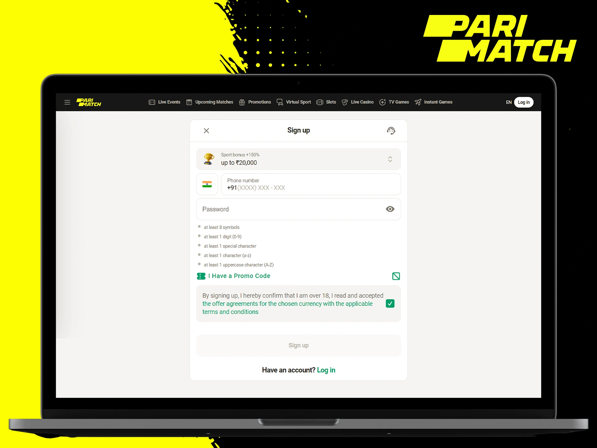 Click the registration button to create an account in Parimatch.