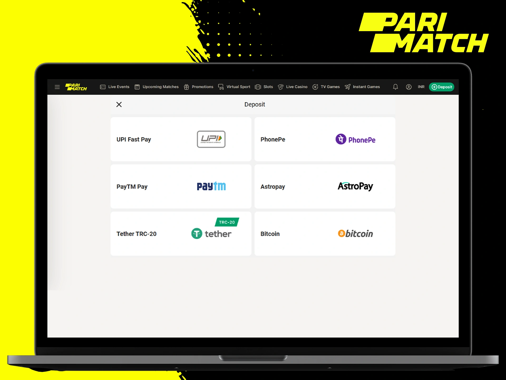 Go to the tab with deposits and fund your Parimatch gaming account.