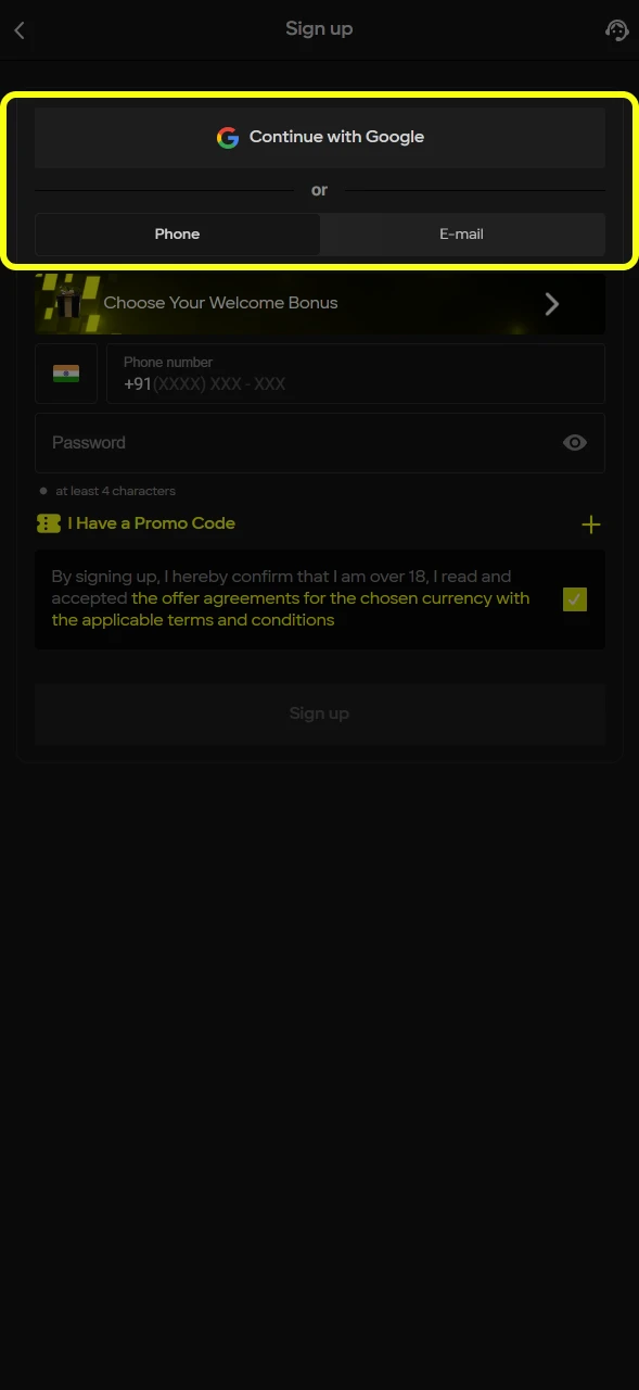 Select a registration method that works best for joining Parimatch.