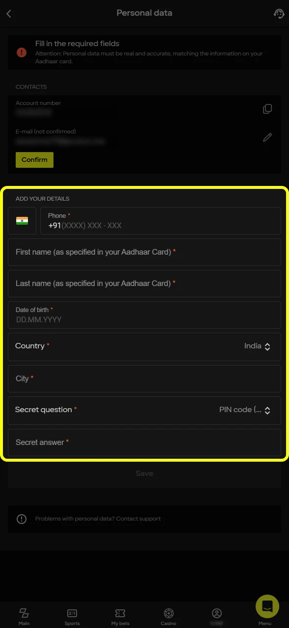 Fill in your personal details completely to account verification with Parimatch.