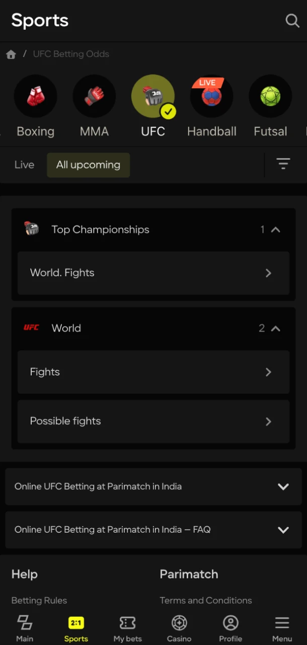 Find the UFC matches section in the online casino.
