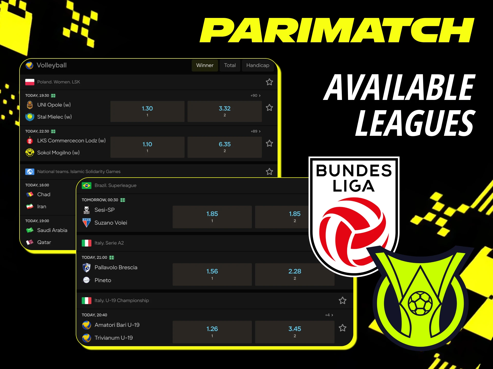 Parimatch online casino offers bets on the best volleyball championships.